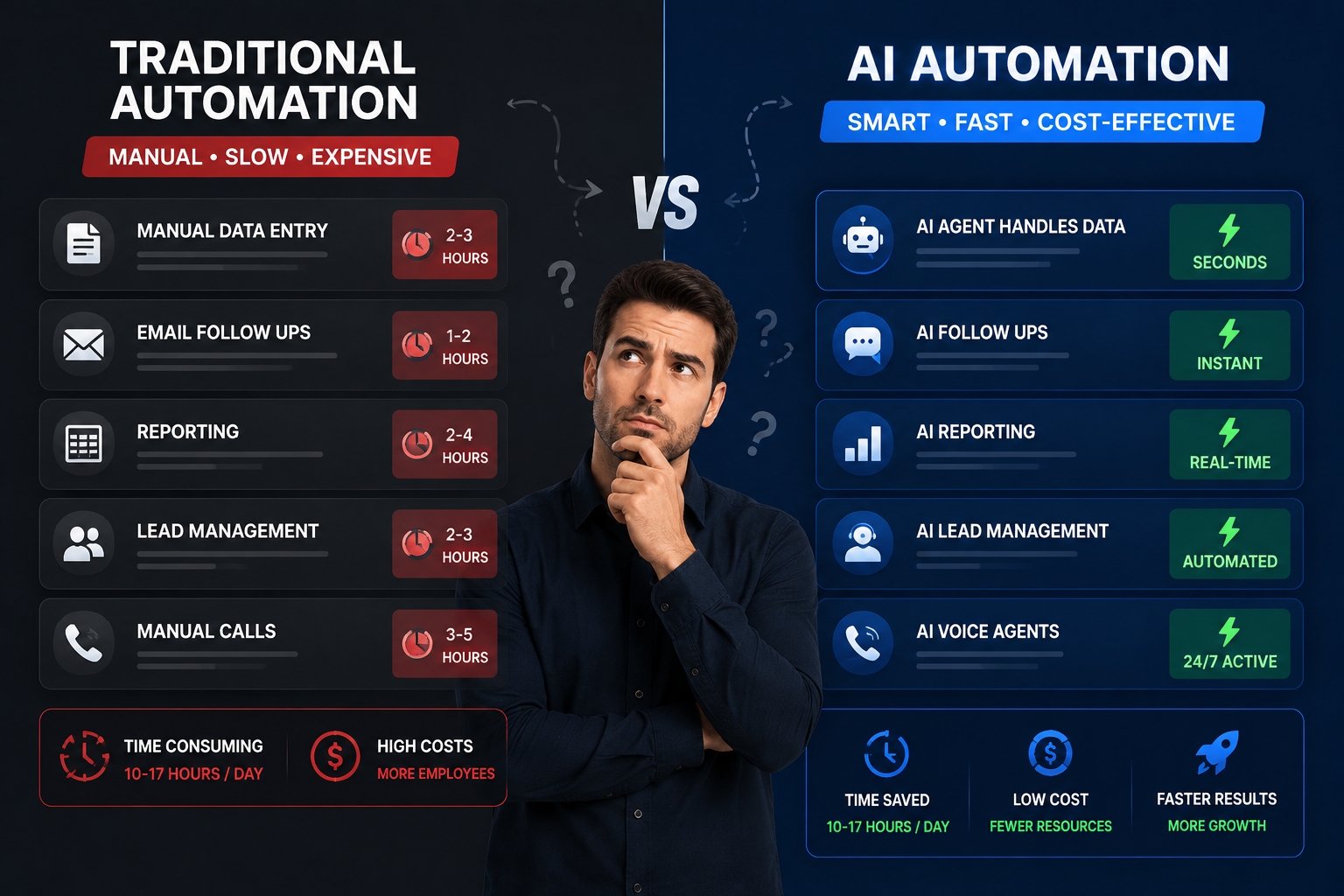 Side-by-side comparison of traditional and AI-driven automation systems